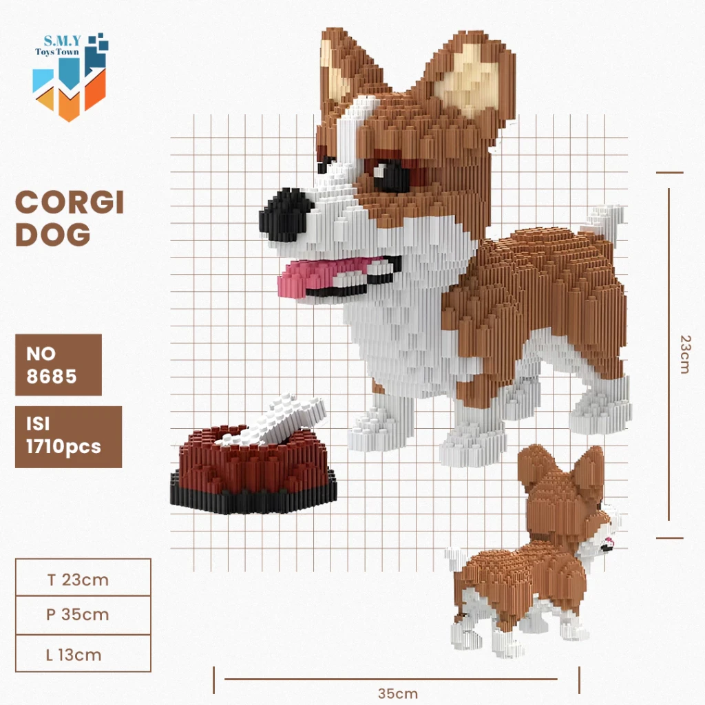SMY Toystown Nano Blocks Animal Dog Huski Corgi Schnauzer 3D Model, Toy Block Stacking, DIY Construction Bricks