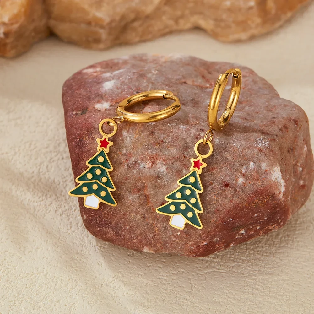 Shop the Christmas Element Earrings Female Fashion Stainless Steel  perfect for the holiday season. Featuring snowflakes, reindeer, and Christmas trees, these stylish earrings add a festive touch to your look. Ideal for Christmas parties and gift-giving!