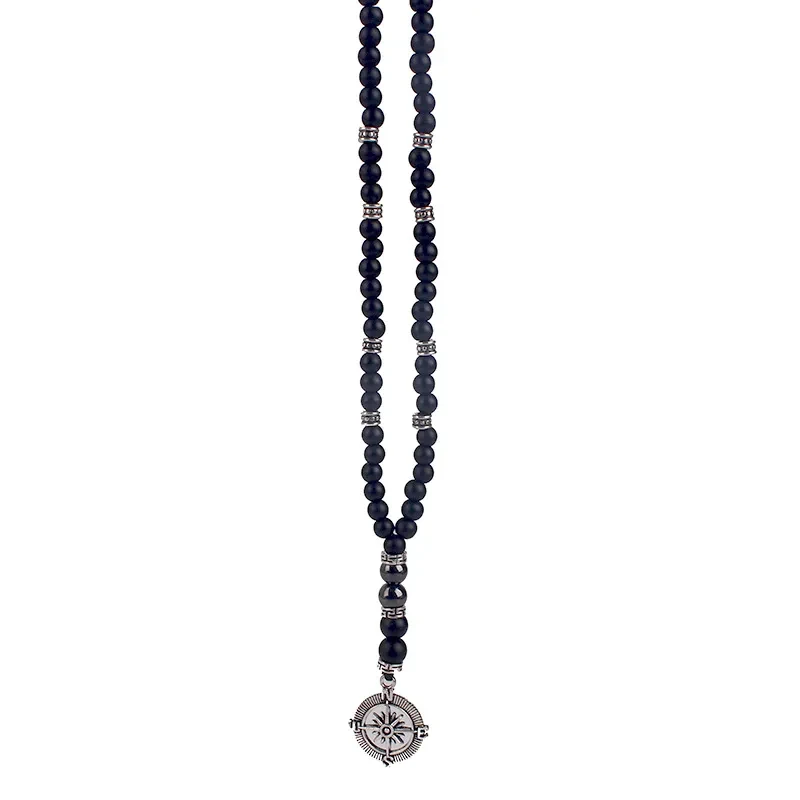 Matte Black Agate Alloy Compass Pendant