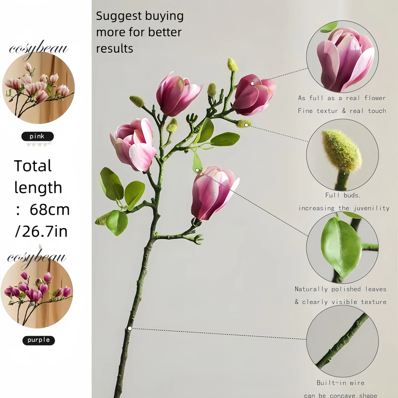 2pcs Luxury Artificial Magnolia Branches - Soft Touch, Realistic White & Pink Flowers with Green Leaves