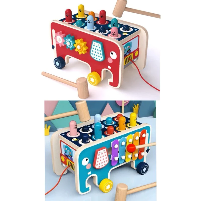 Elephant Hitting Hamster Wooden Knocks Toy / Pull Push Truck / Toy Educational Kids Wood Xylophone