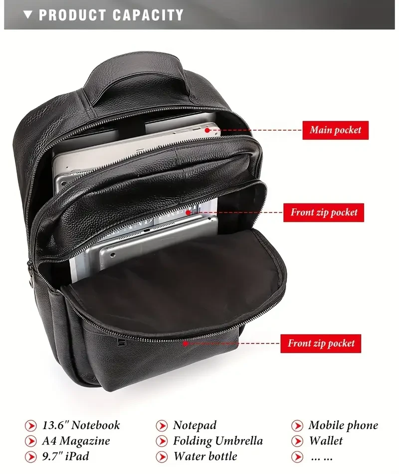 1pc HUMERPAUL Genuine Top-Grain Leather Backpack for Men - Casual Travel Messenger Shoulder Bag with Multi Pockets for Going Out