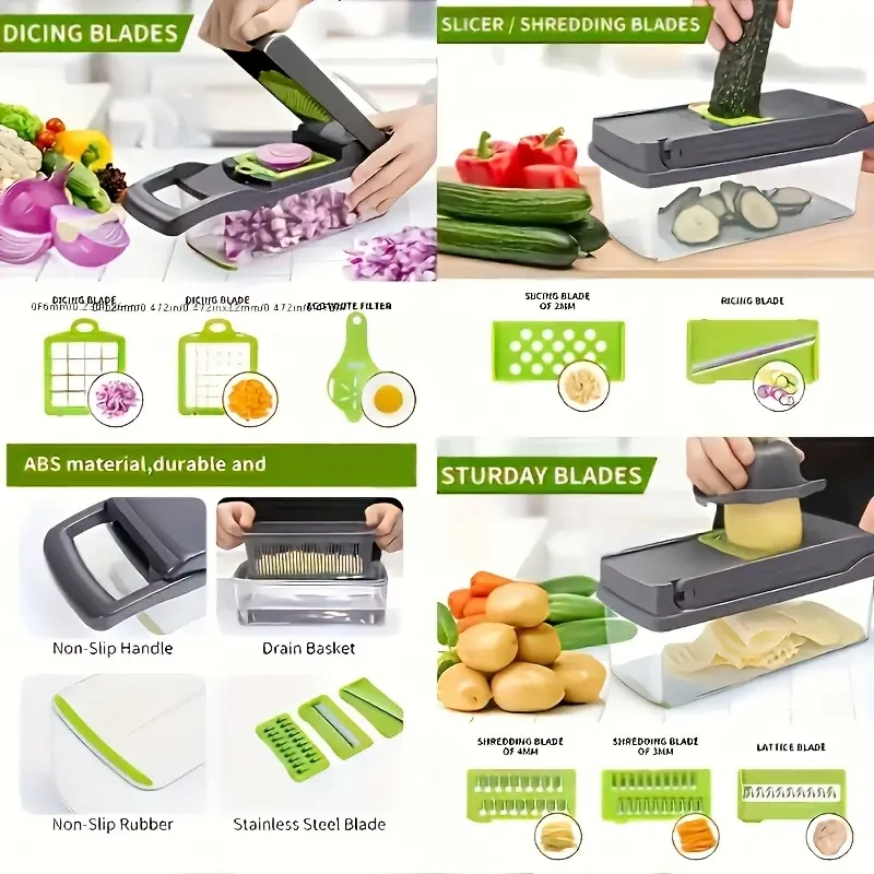 1pc 16-in-1 Multifunctional Plastic Manual Food Slicer Dicer with Interchangeable Blades, Hand Protector, and Drain Basket for Onions, Carrots, Garlic - Uncharged Kitchen Cutter