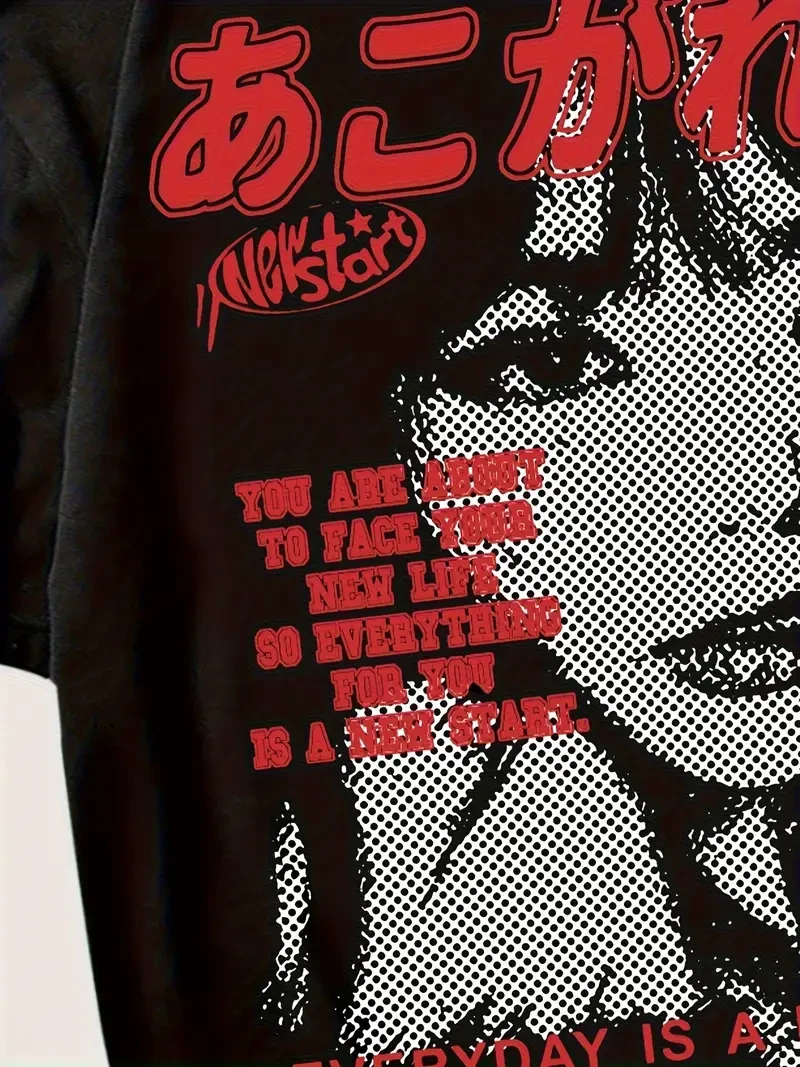 Y2K Oversized Graphic T-Shirt Japanese Letter & Figure Print Crew Neck Tee for Women | Casual Streetwear for Summer & Spring