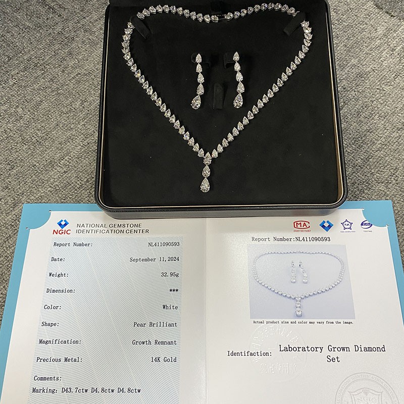 Solid 14K White Gold Pear Cut Full Eternity Necklace (43ctw) & Earrings (9.2ctw)