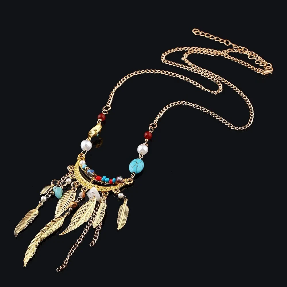 Long Sweater Chain Tassel Leaf Pendant