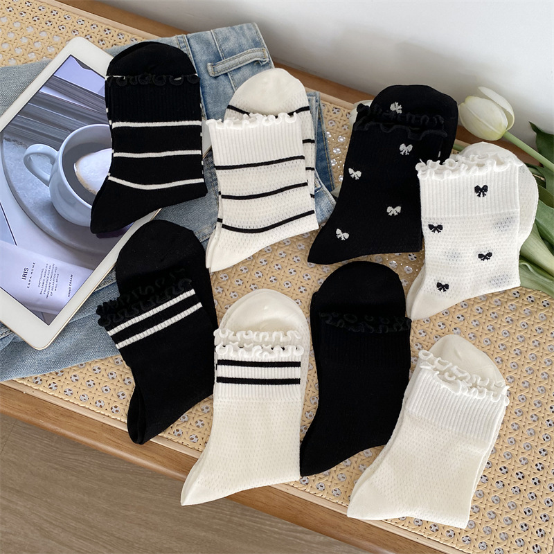 Black And White Openwork Breathable Women's Small Mid-calf Lace Women's Socks