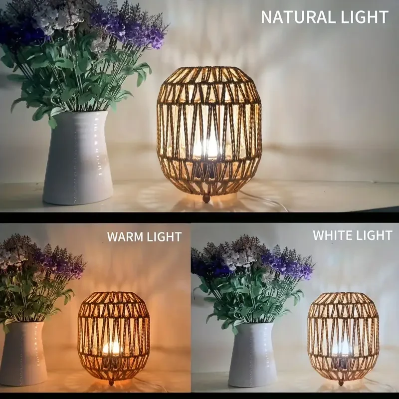 Rattan Table Lamp Hand-Woven Small Desktop Light, Natural Decor Bedside Lamp, Farmhouse Style Bedside Lamp, Perfect for Bedroom, Living Room, Bohemian Style Room Decoration, Indoor Use