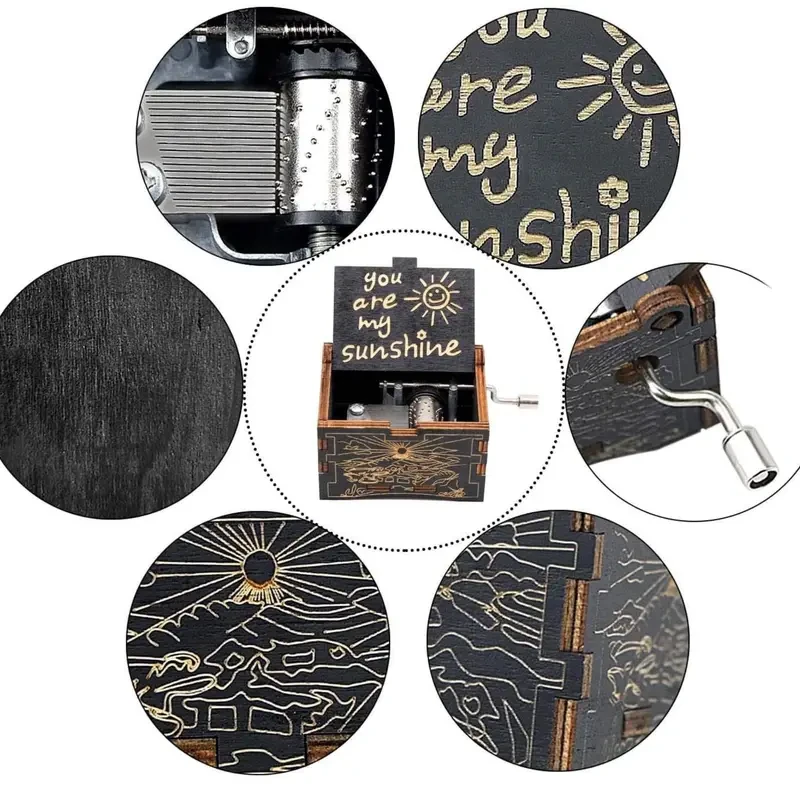 Hand Crank Laser Engraved Vintage Wooden Music Box,