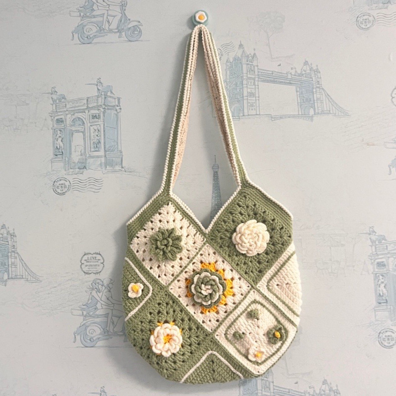 Handmade Knitted Messenger Bag Handmade Wool Crocheted Grandmother Plaid Flower Bag