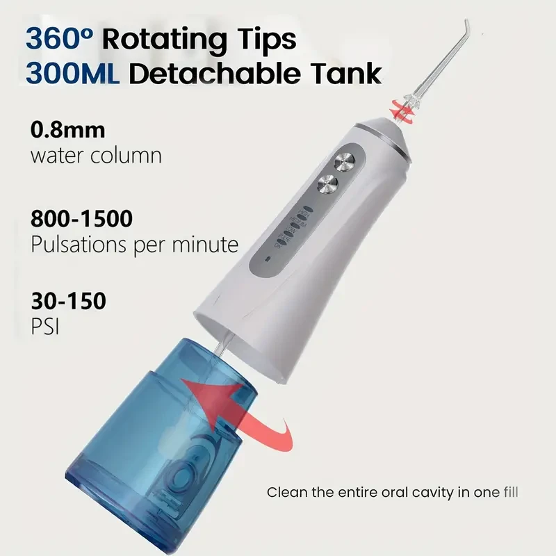 Rechargeable Water Flosser, 8 Jet Tips, 360 Rotation, 300ml Capacity,