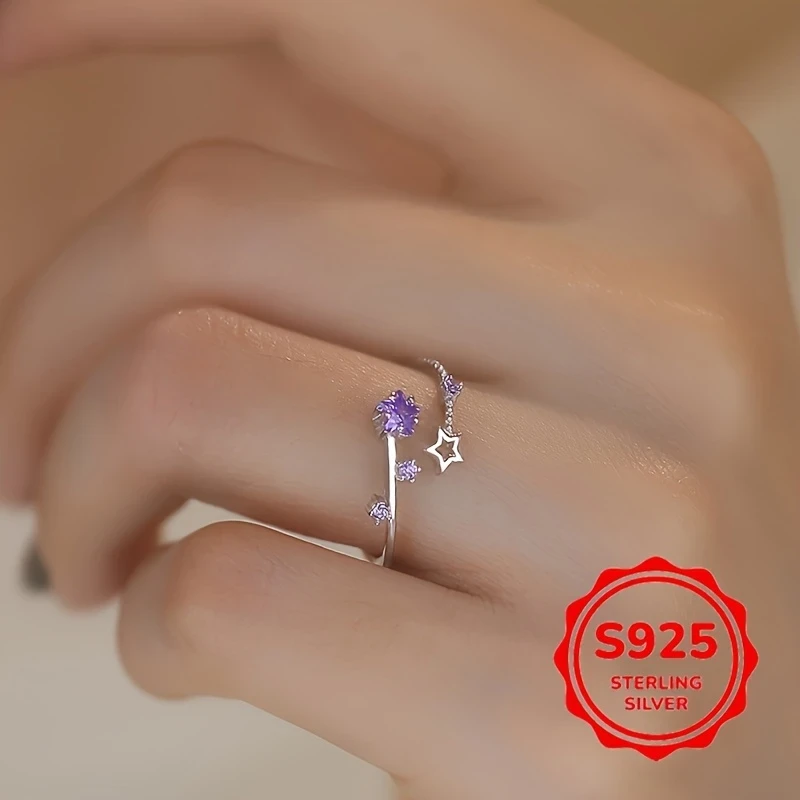 Boho Adjustable S925 Sterling Silver Star Ring | Cubic Zirconia Accent | Lightweight & Elegant Gift for Daily Wear, Parties & Holidays