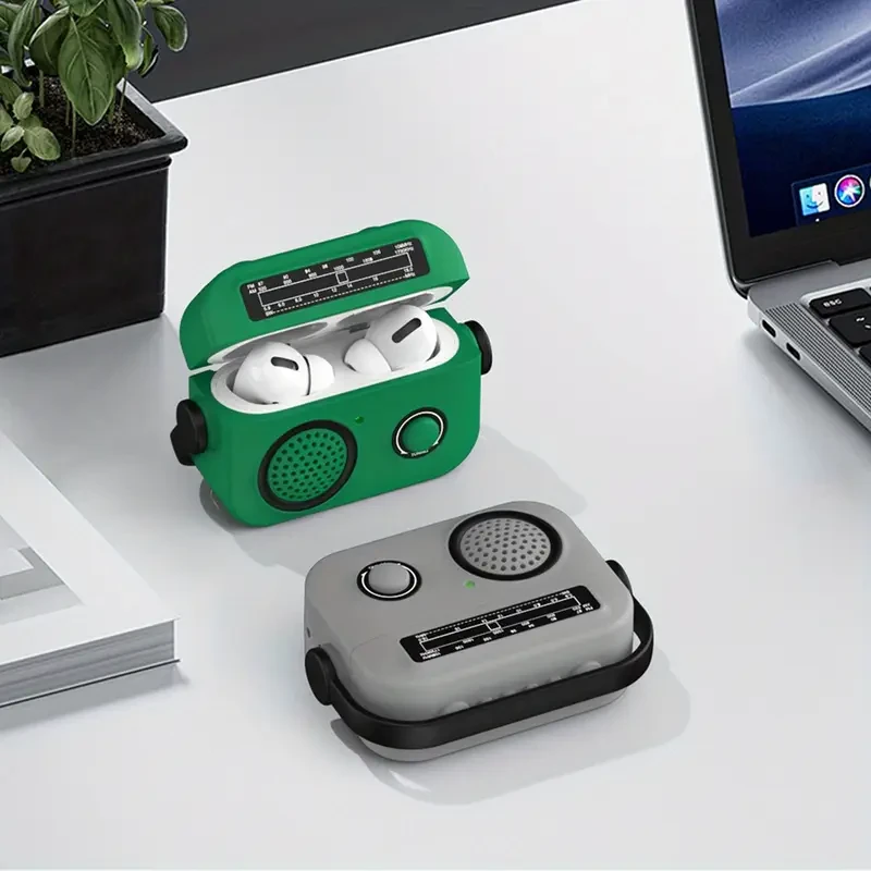 Creative Retro Radio Design Case for Apple for Airpods 4 3 Pro 2 Pro2 Secure Lock Anti-fall Protective Case for Airpods 1 2 Stand Holder Bracket Shock-Absorbing Case with Lanyard, Cleaning Kit, Ideal Gift for Couples