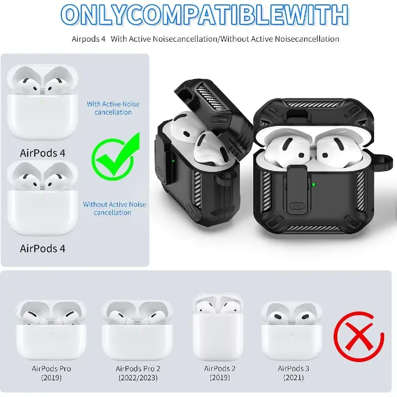 Shockproof for Airpods 4 Case with Lock - Heavy-Duty Protection, Scratch-Resistant Hard Shell Cover in Black with Cleaning Kit