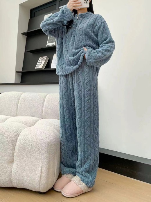 Autumn And Winter New Twist Zipper Couple Fleece-lined Thick Coral Fleece Pajamas Homewear Loungewear Sleepwear For Sleeping