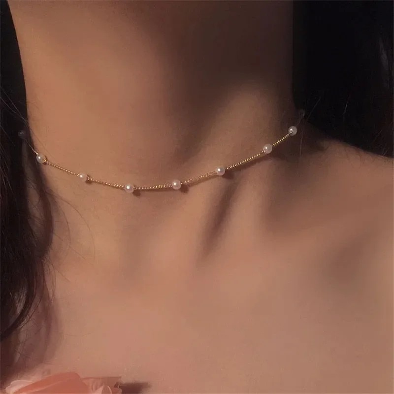 Womens Korean Style Pearl Choker Necklace