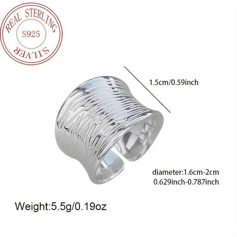 Women's 925 Sterling Silver Water Ripples Ring - Elegant Opening Adjustable Size, Glitter Design for Mother's Day, Spring & Summer Gifts, and Special Occasions