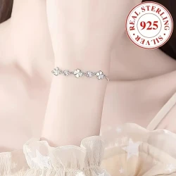Elegant 925 Sterling Silver Clover Chain Bracelet with Synthetic Cubic Zirconia - Sexy Jewelry for Women, Perfect for Daily Wear and Gift-Giving