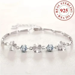 Elegant 925 Sterling Silver Clover Chain Bracelet with Synthetic Cubic Zirconia - Sexy Jewelry for Women, Perfect for Daily Wear and Gift-Giving