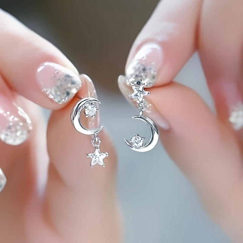 Elegant Minimalist Silvery Moon and Star Drop Earrings with Sparkling Cubic Zirconia  Copper Jewelry, Perfect Gift for Women, Suitable for Ramadan