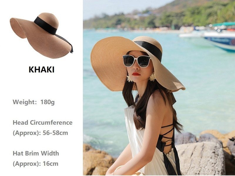 Khaki- 16cm Wide Brim Women Lady Sun Straw Hat Floppy Derby Summer Beach Cap