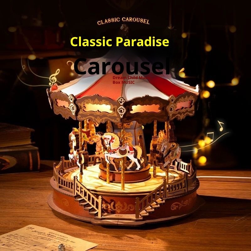 ROBOTIME 3D Wooden Puzzle Classic Carousel Music Box With LED Lights, Model Kits For Adults To Build, Gear Model Building Construction Craft Kits AMC01