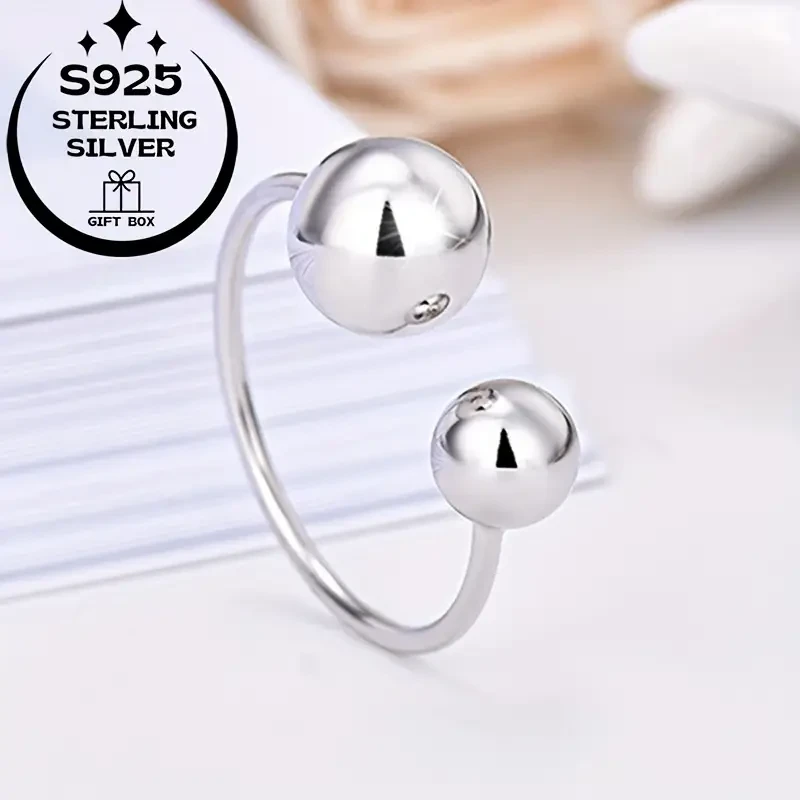 925 Silver Simple Sweet Polished Large Bead Women's Ring, Adjustable Opening Perfect for Everyday and Party Wear
