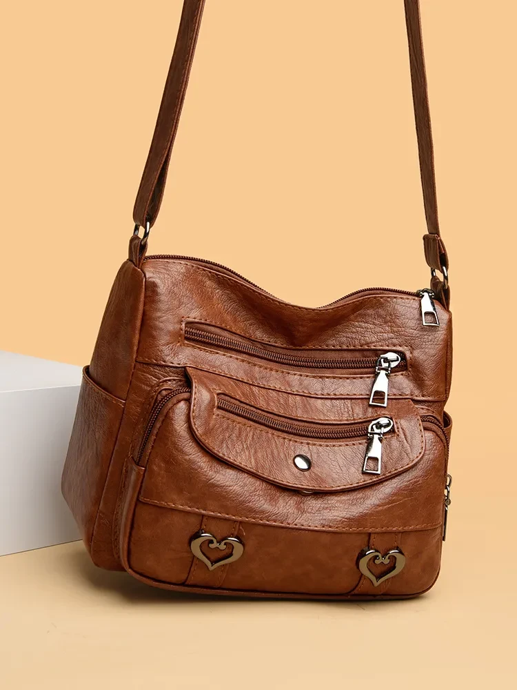 Crossbody Bag Soft Leather Textured Retro Large Capacity Middle-aged