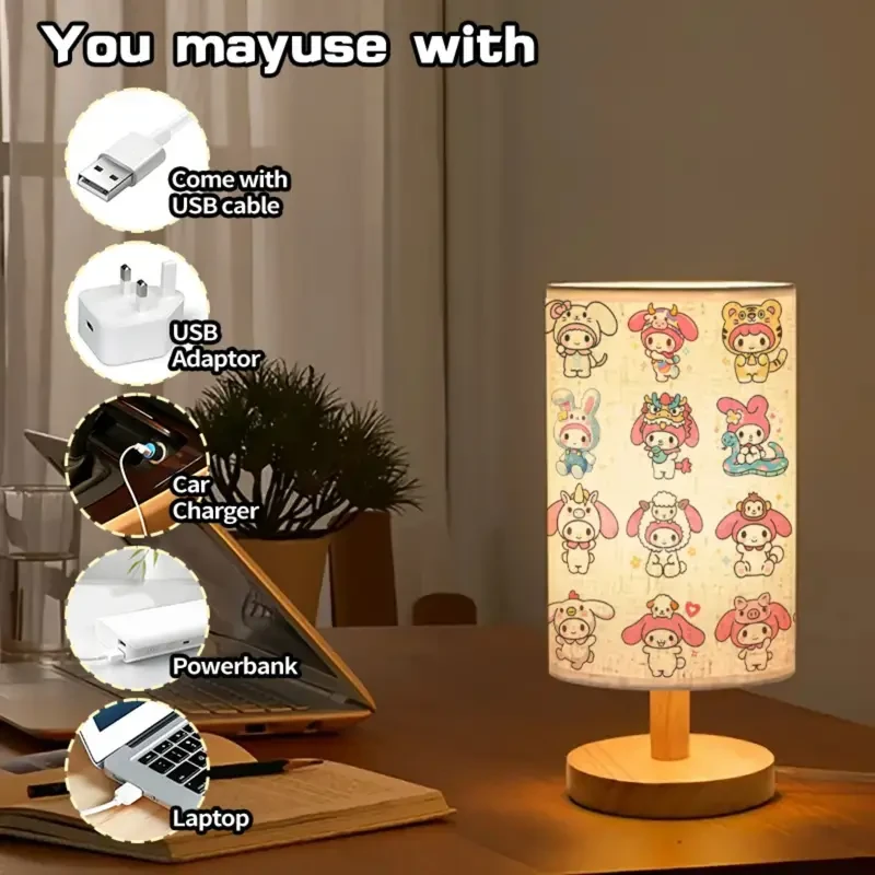 Adorable Melody Table Lamp with Cute Character Prints USB Powered, Adjustable Tri-Color Lighting, 274.32 cm Tall, Perfect for Bedroom & Living Room