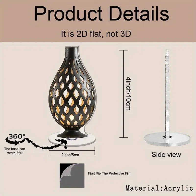 2D Flat Rotating Acrylic Table Lamp with Teardrop Base & Intricate Oval Pattern Stylish Cordless Design for Ambient Lighting, Perfect for Home Dcor, Holiday & Party Decoration