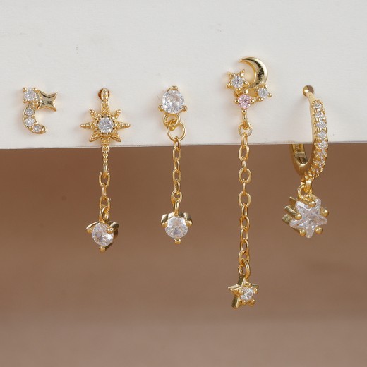 Five-piece Earings Set Chain Star Moon