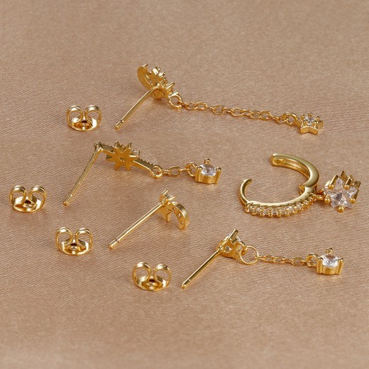 Five-piece Earings Set Chain Star Moon