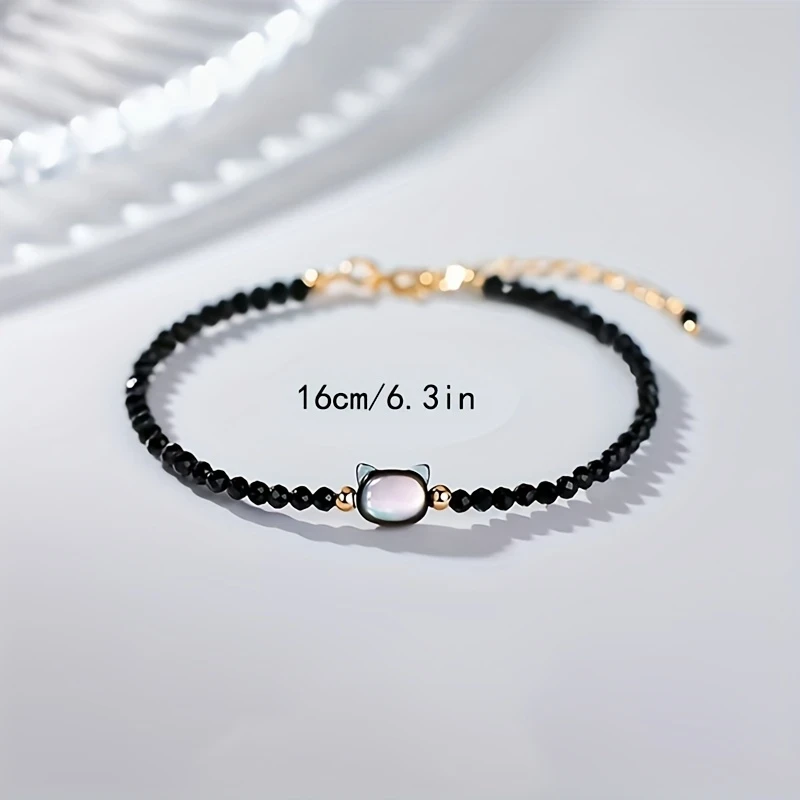 Adjustable Black Cat Charm Bracelet for Women Cute Boho Style with Spinel Beads, Perfect for Valentine's Day or Birthday Gift, Daily Wear Jewelry