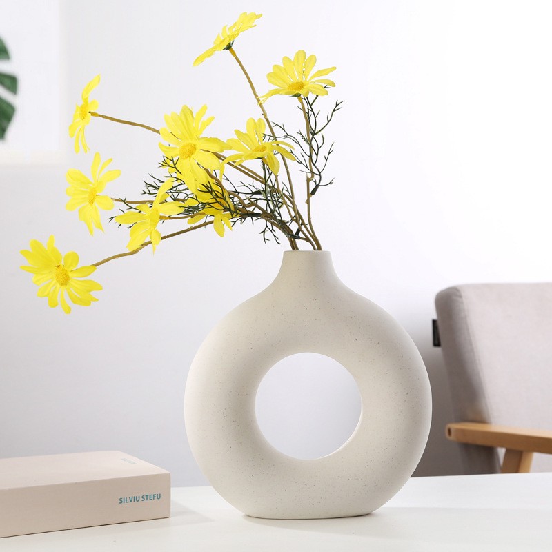 Nordic Circular Hollow Ceramic Donut Vase - Elegant Flower Pot for Home, Living Room, Office, and Desktop Decor