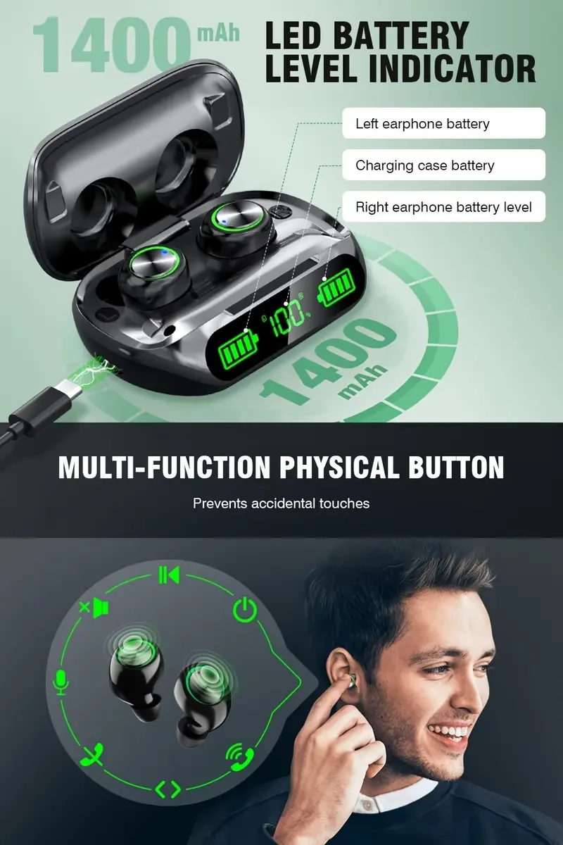 Wireless Earbuds V5.3 Headphones, with Charging Case 200 Hrs Playtime IPX7 Waterproof In-Ear Light-Weight Earphones for Phones and Laptops