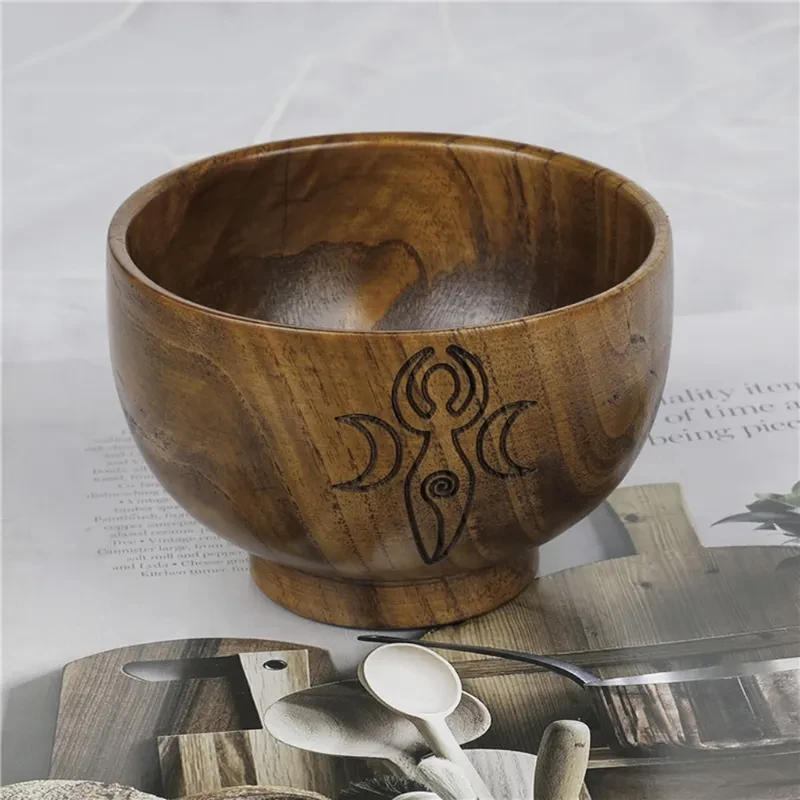 Pentagram Wooden Bowl With Three-phase Moon Goddess Storage Bowl Altar Decoration