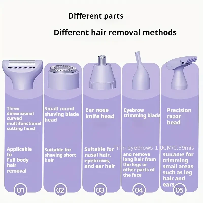 5 in 1 Electric Epilator for Women - USB Rechargeable, Great for Armpits, Bikini Area And Legs