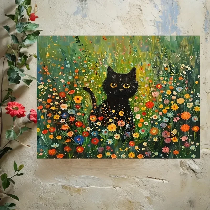 Charming Black Cat & Floral Canvas Art, 30.48x40.64cm - Whimsical Wall Decor for Home, Office, Cafe