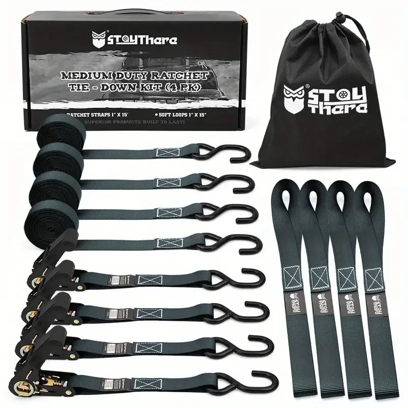 StolyHara Heavy Duty Ratchet Tie Down Straps Set of 10.16 - 2.54 cm x 4.57 meter, 798.32KG Break Strength, Quick-Release Spring Lever, Polyester Material with Precision Stitching and Ultra Secure Locking Hold