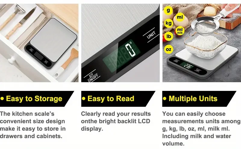 1pc, Food Scale Black, 22lb/10kg Digital Kitchen Scale Grams And Oz For Baking Cooking And Weight Loss, 1g/0.04oz Precise Graduation, Easy Clean Stainless Steel, Kitchen Gadgets, Kitchen Supplies, Kitchen Tools, Kitchen Stuff, Kitchen Accessories