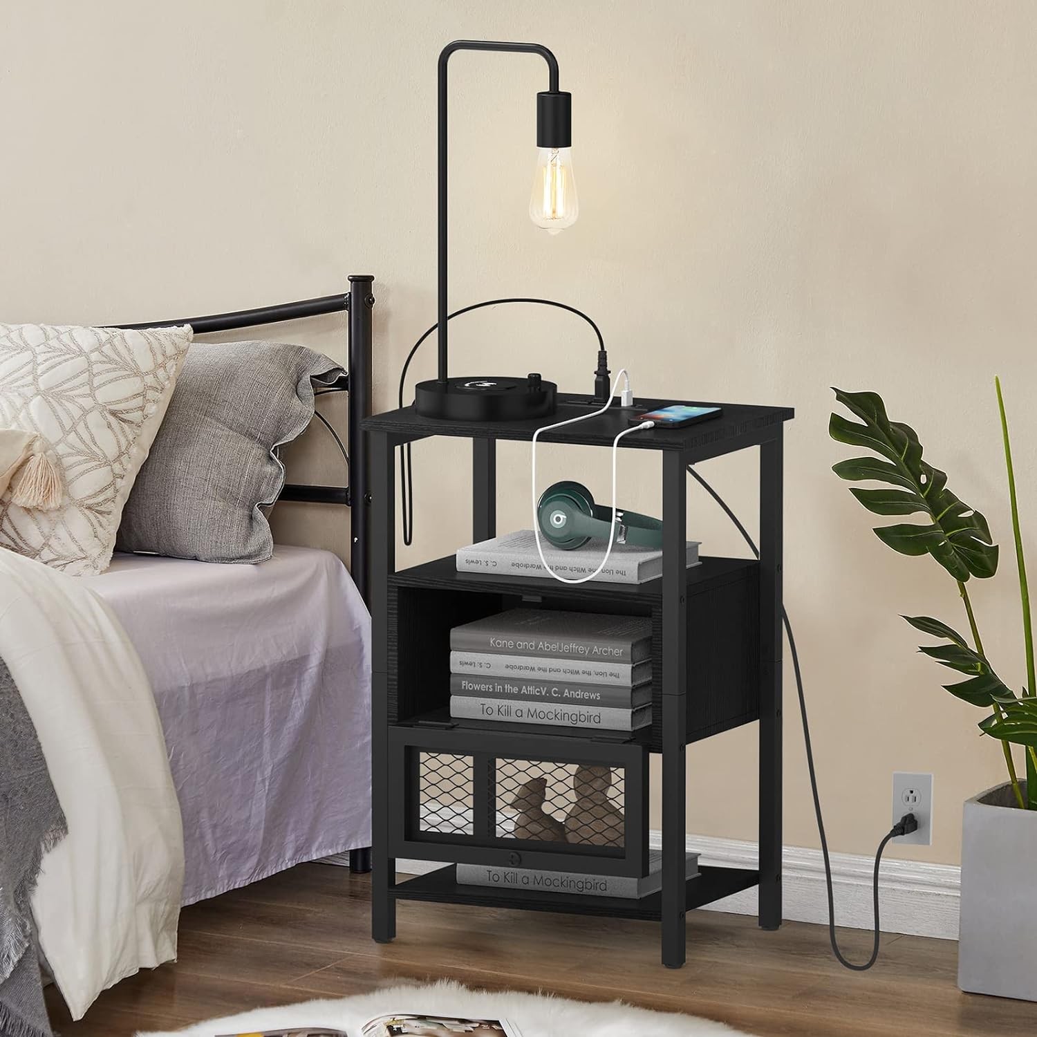 2PCs Modern Nightstand End Table - Side Table with USB Ports, Storage Drawer, and Bedside Table
