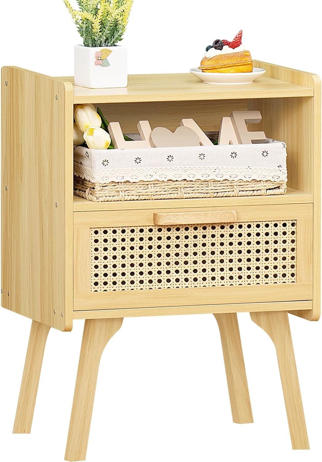 Rattan Nightstands Set of 2 - Cane Accent Bedside End Table with Solid Wood Legs for Bedroom, Dorm, and Small Spaces