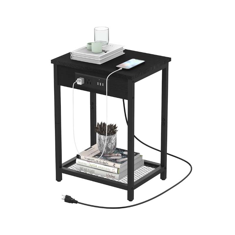 Modern Nightstand with Charging Station - Bedroom End Side Table with USB Ports and Outlets, 2-Tier Bedside Table, Record Player Stand