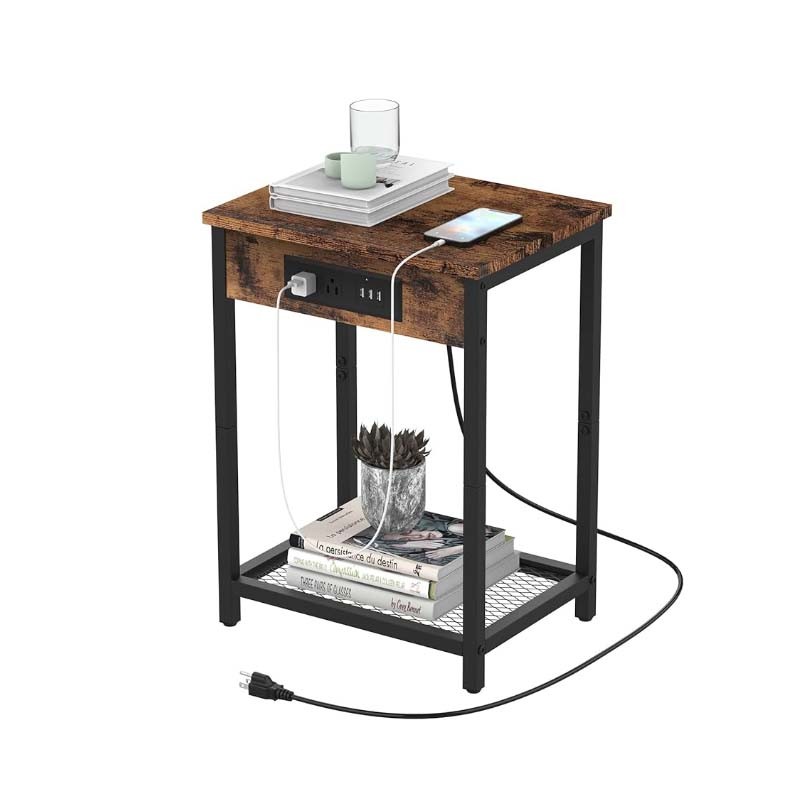 Modern Nightstand with Charging Station - Bedroom End Side Table with USB Ports and Outlets, 2-Tier Bedside Table, Record Player Stand