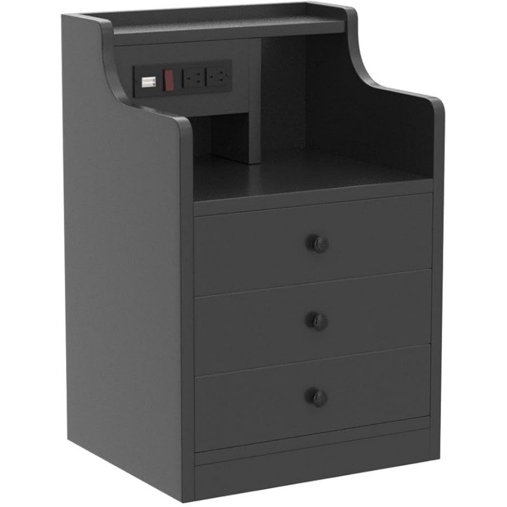 Black Nightstand with Charging Station - 3 Drawers Wood Sofa End Side Table with USB Ports and Outlet
