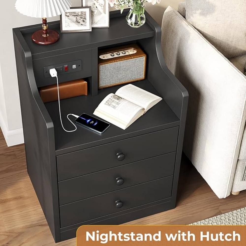 Black Nightstand with Charging Station - 3 Drawers Wood Sofa End Side Table with USB Ports and Outlet