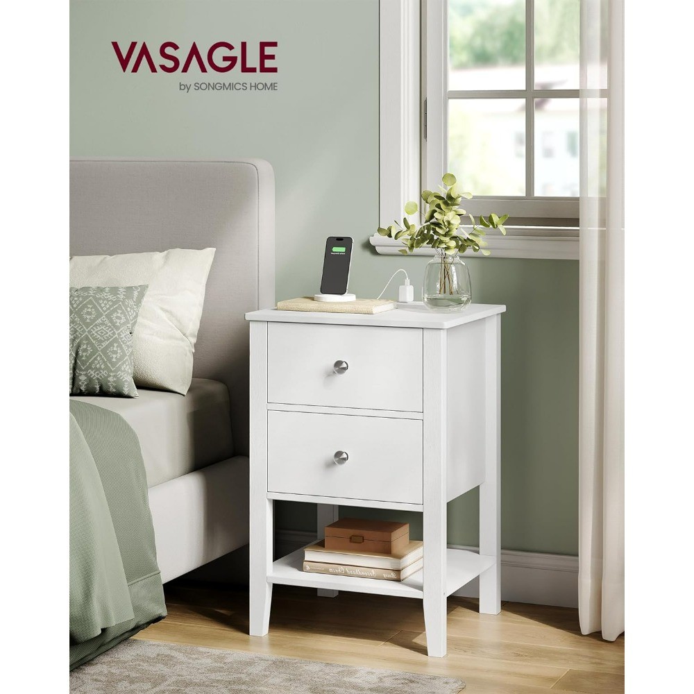 Nightstand with Charging Station - Bedside Table with 2 Drawers, Side End Table with Open Shelf, 2 USB-A Ports, and 2 Outlets
