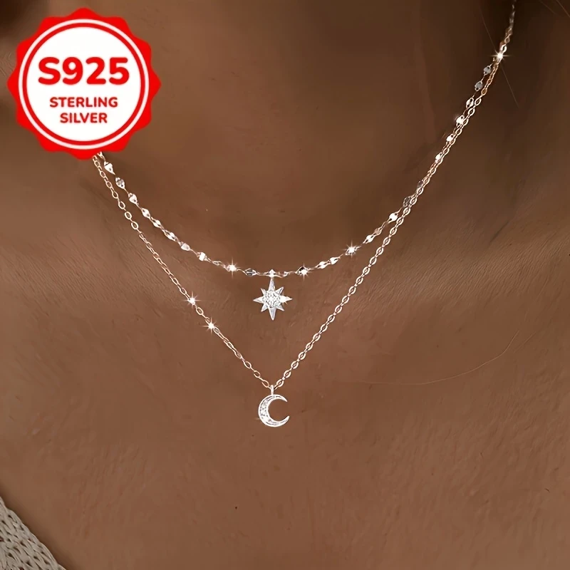 Stylish S925 Sterling Silver Double Layer Necklace | Star and Moon Pendant with Sparkling Zirconia - Hypoallergenic Jewelry for Daily Wear & Gift Giving