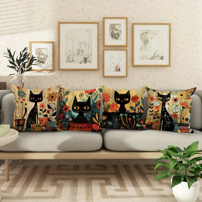 Set of 4 Vintage Black Cat & Floral Velvet Throw Pillow Covers