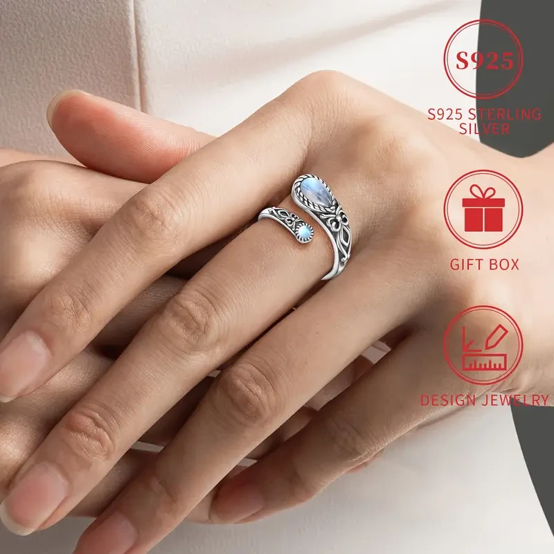 Vintage Boho Sterling Silver Moonstone Ring - Adjustable Spoon Band with Synthetic Stone,